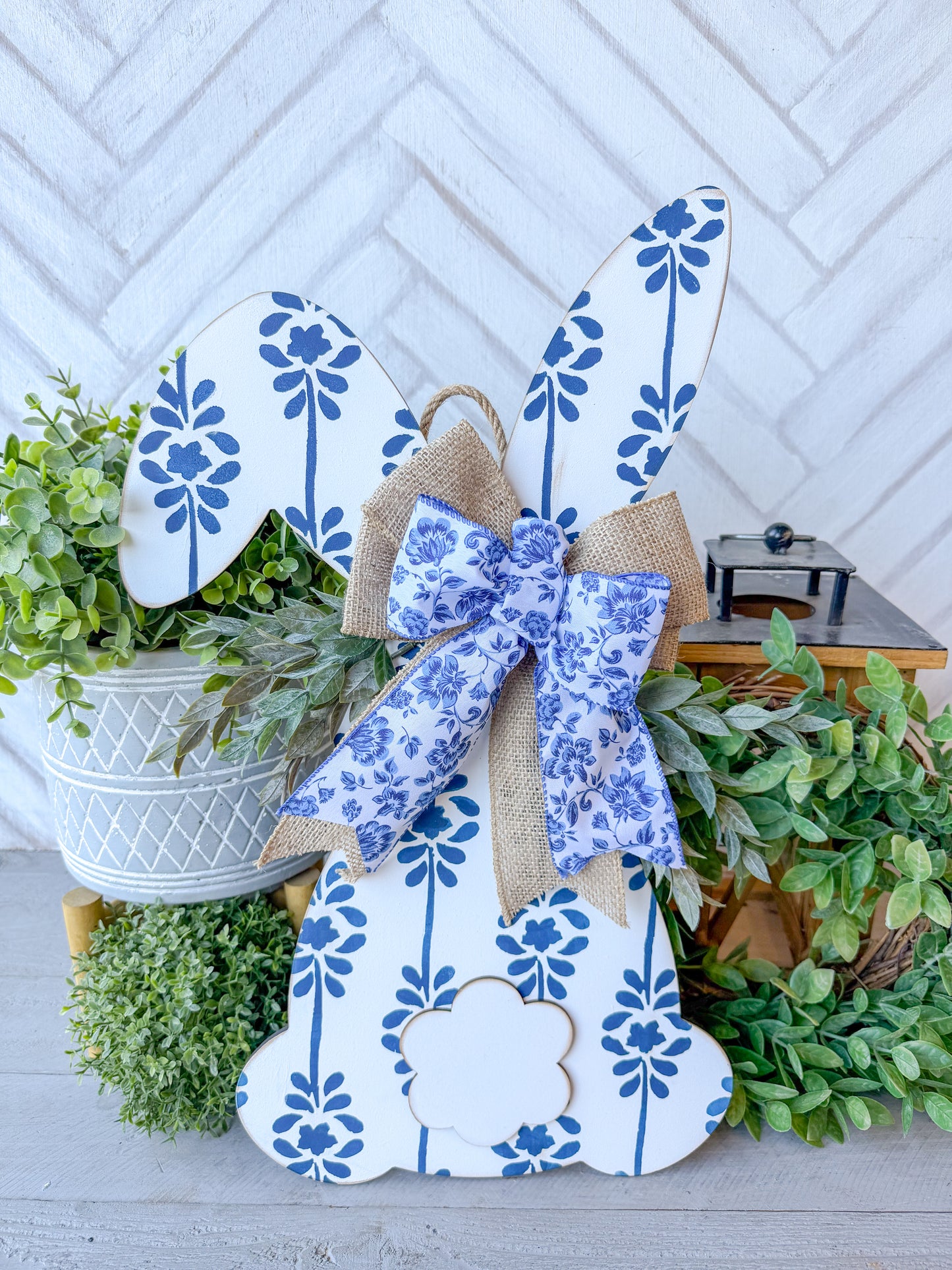 Bunny shaped floral 20-inch painted door hanger