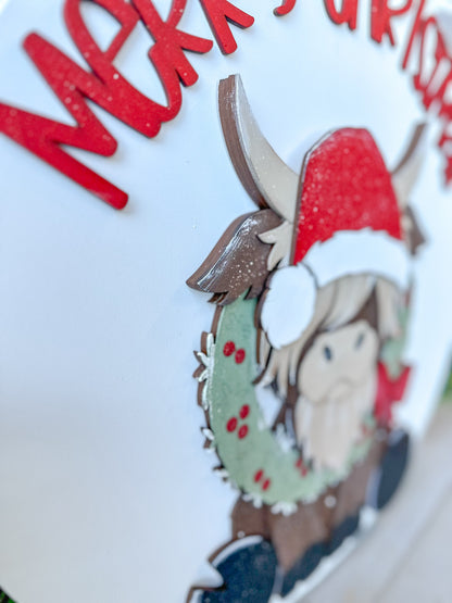 Merry Christmas Highland Cow Wood Round – 18” Festive Holiday Door Hanger