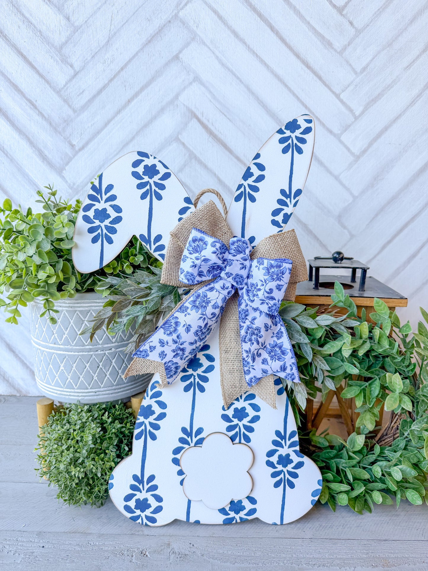 Bunny shaped floral 20-inch painted door hanger