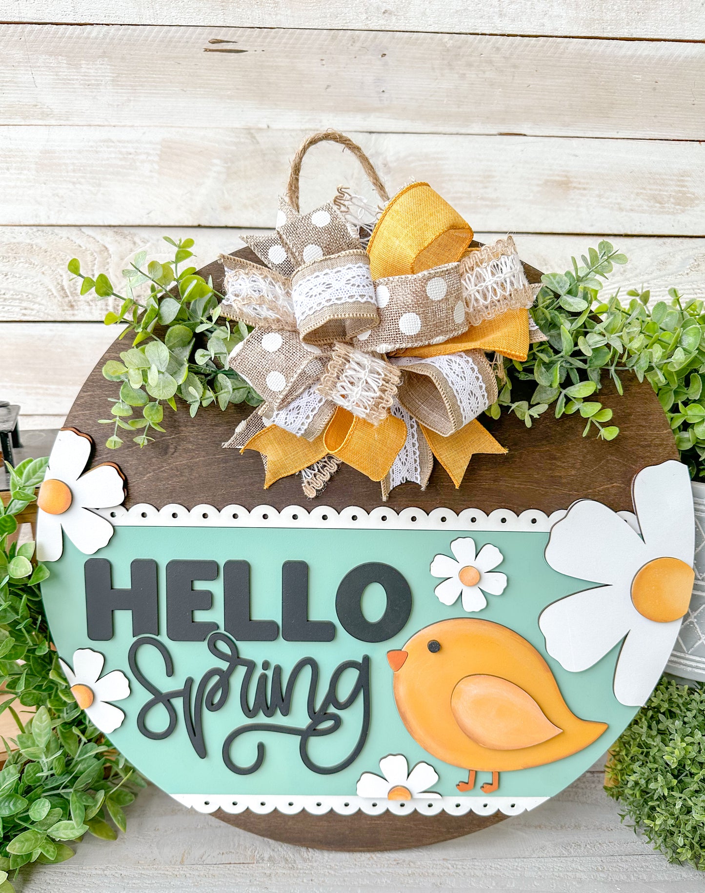 Hello spring chick wood round