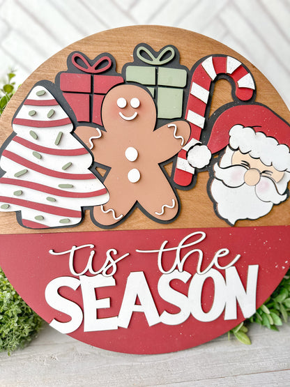 Tis the season Christmas wood door round