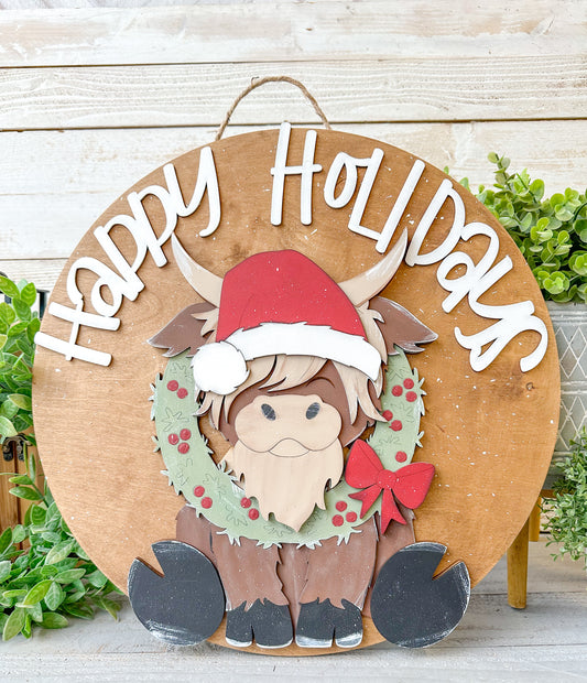Highland Cow Happy Holiday Christmas Wood Round – 18” Holiday Door Hanger