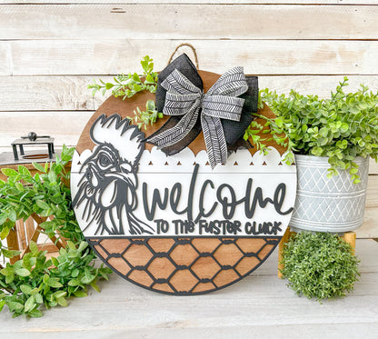 Welcome to the Fuster Cluck 18" Round Door Hanger – Hand-Painted Laser Cut Funny Farmhouse Sign