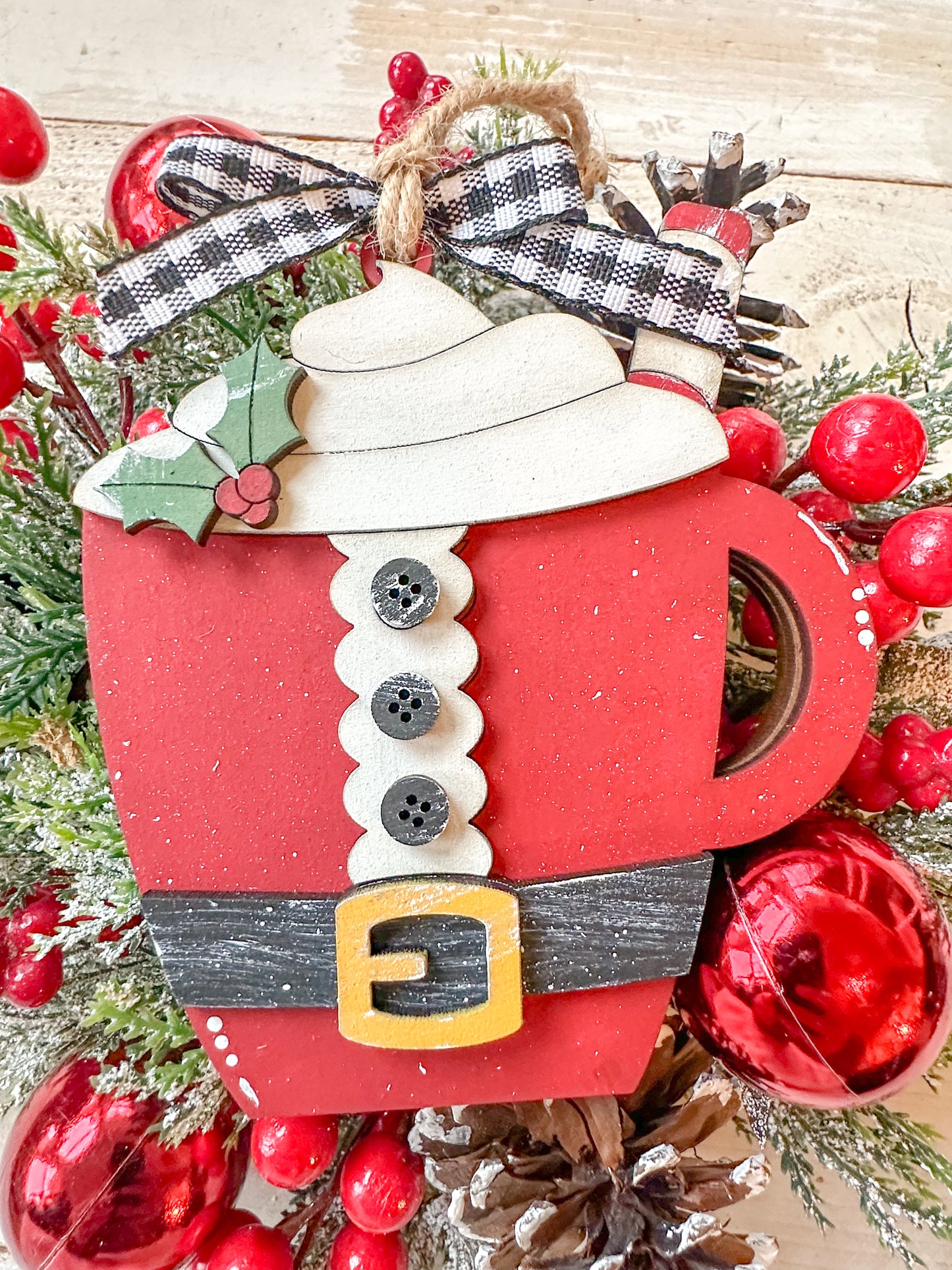 Santa Mug Ornament with Whipped Cream and Holly /Gift Card Holder