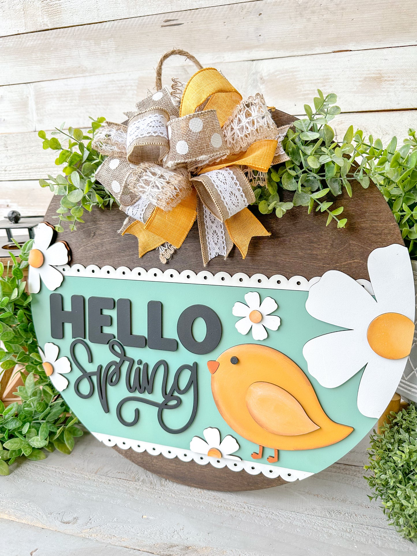 Hello spring chick wood round