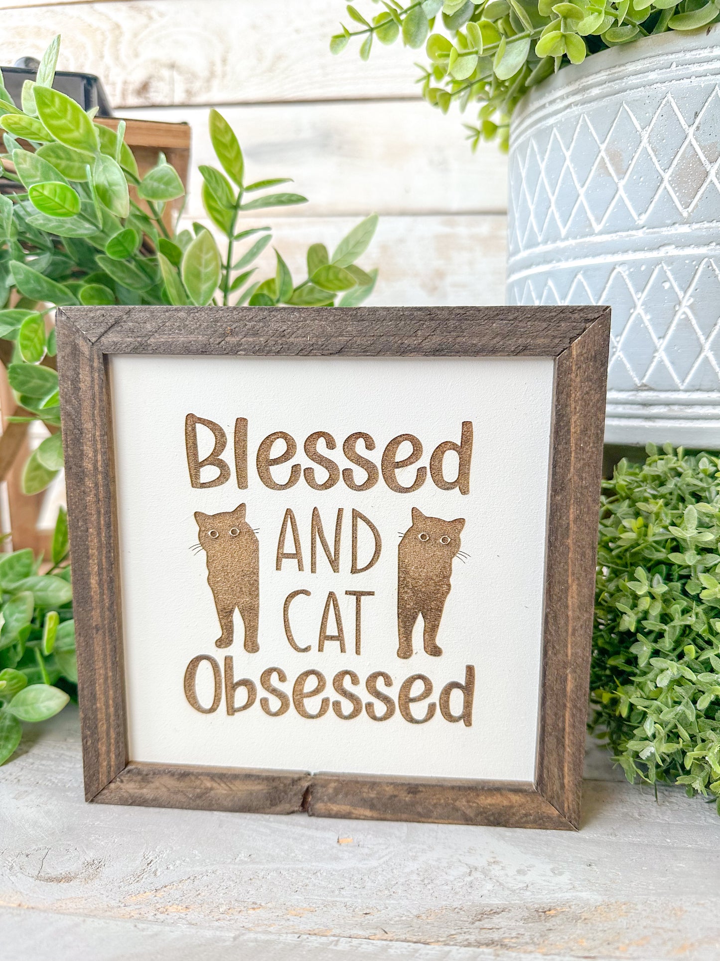 Blessed in cat obsessed. Laser engraved wood sign.