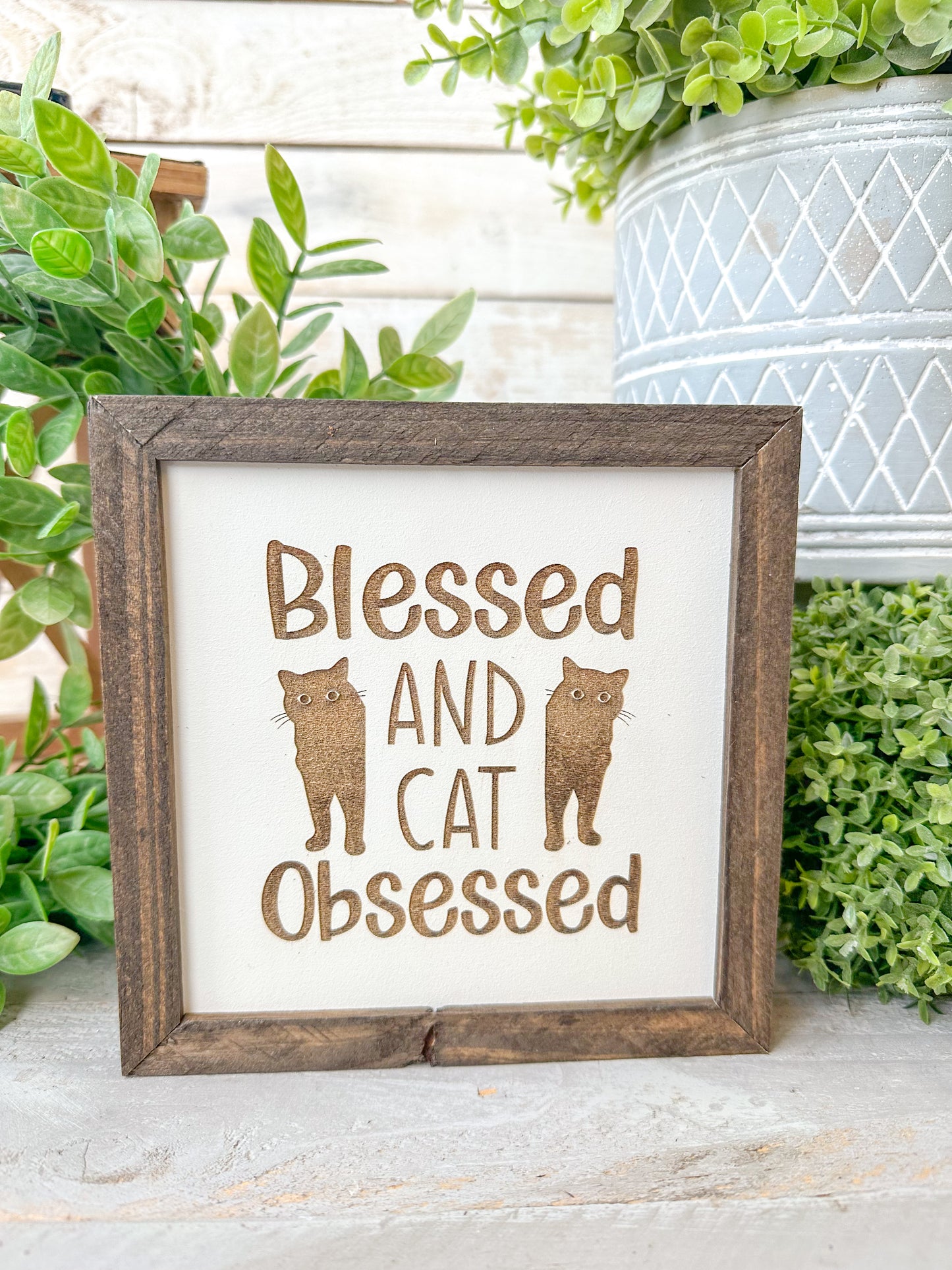 Blessed in cat obsessed. Laser engraved wood sign.