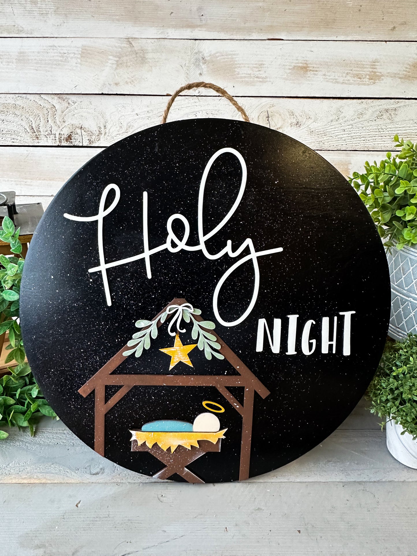 Holy Night Nativity Wood Round – Hand-Painted Christmas Door Sign