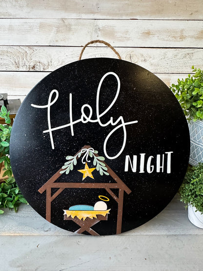 Holy Night Nativity Wood Round – Hand-Painted Christmas Door Sign