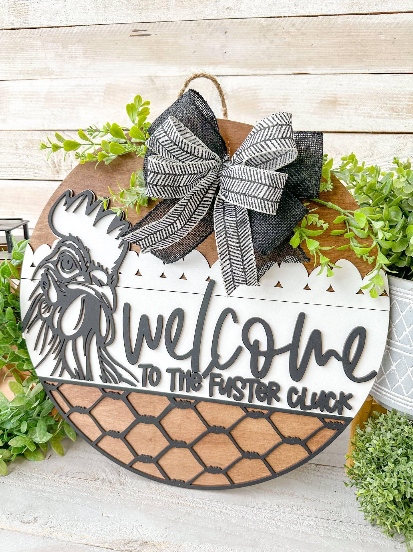 Welcome to the Fuster Cluck 18" Round Door Hanger – Hand-Painted Laser Cut Funny Farmhouse Sign