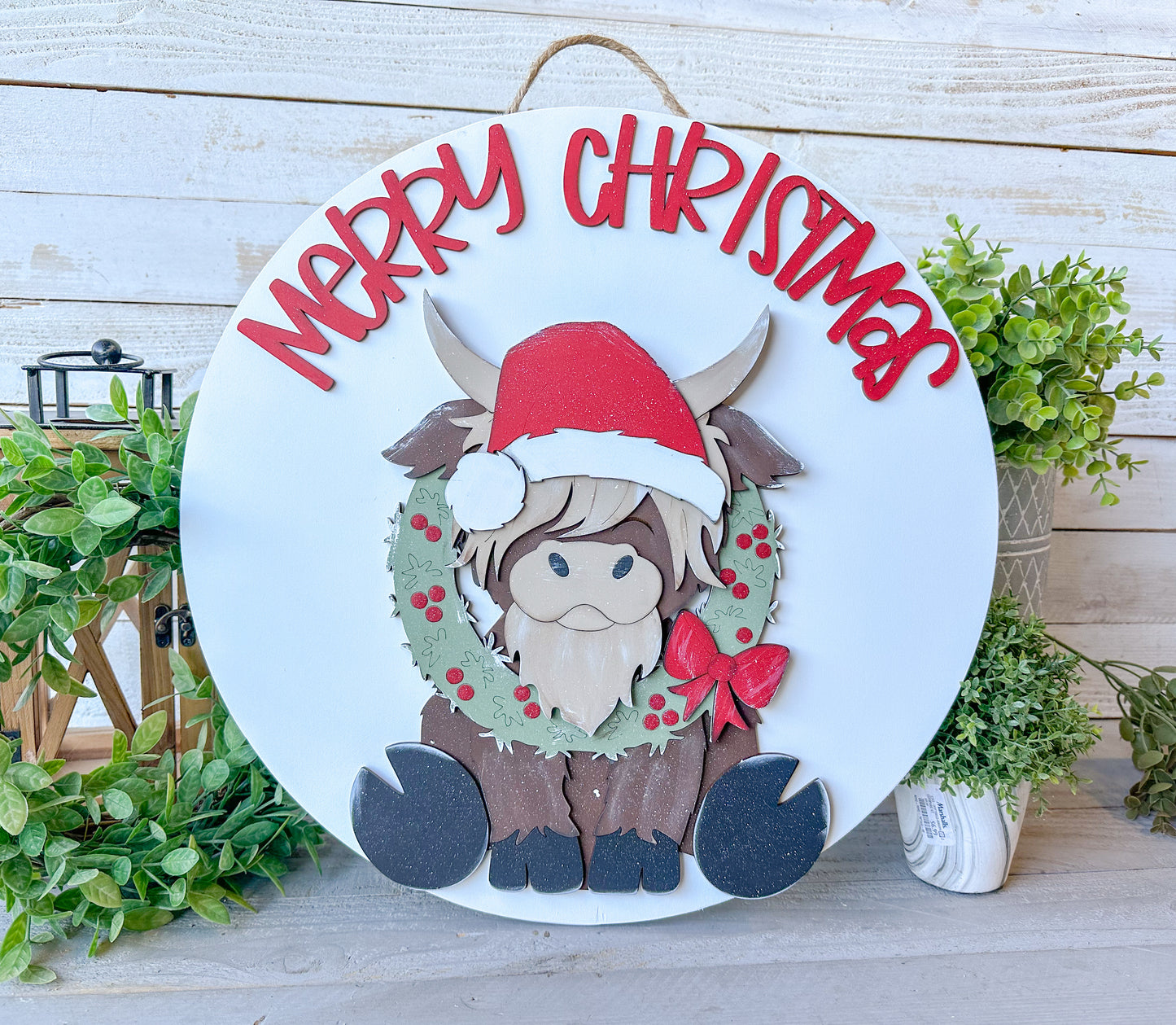Merry Christmas Highland Cow Wood Round – 18” Festive Holiday Door Hanger