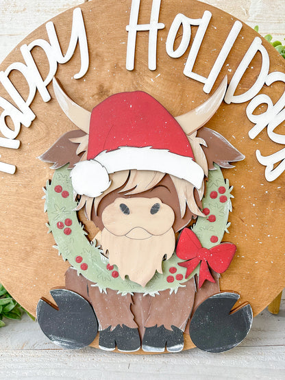 Highland Cow Happy Holiday Christmas Wood Round – 18” Holiday Door Hanger