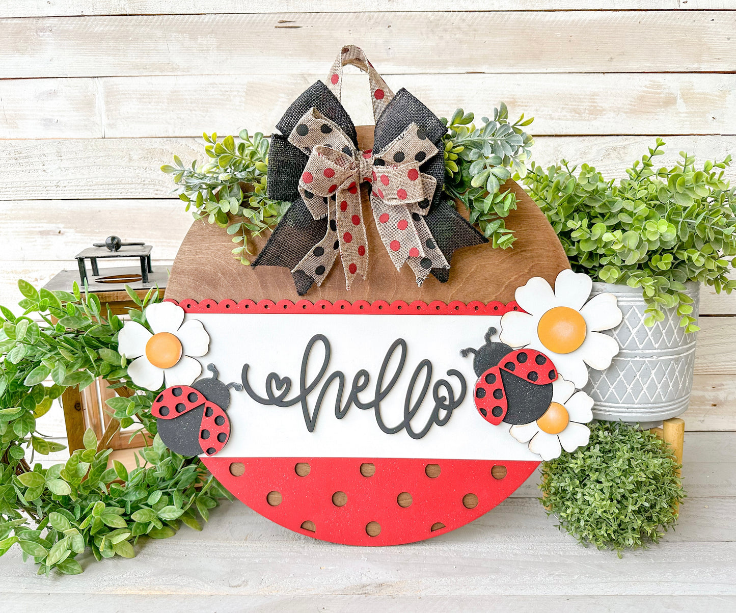 Hello Ladybug 18" Round Wood Door Hanger – Hand-Painted Laser Cut Spring & Summer Decor