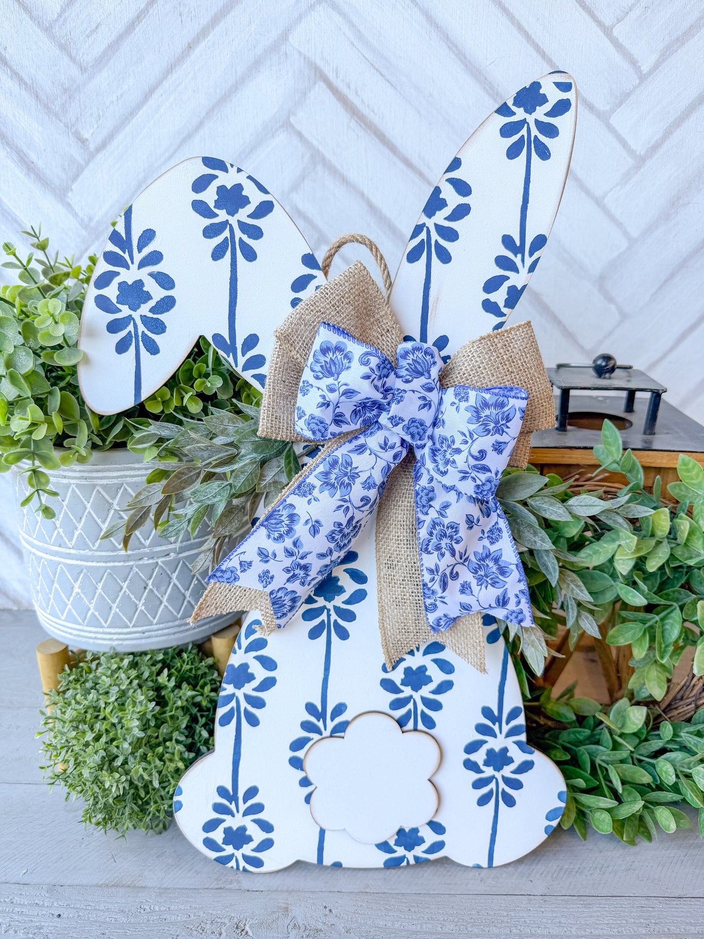 Bunny shaped floral 20-inch painted door hanger