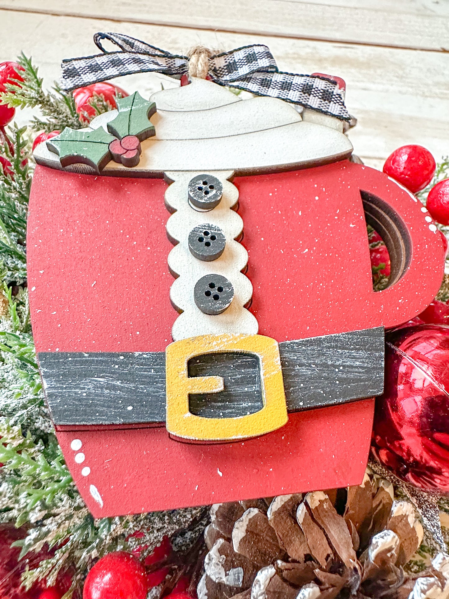 Santa Mug Ornament with Whipped Cream and Holly /Gift Card Holder