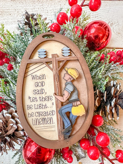 Lineman Ornament – "Let There Be Light" Tribute Gift, Handcrafted 5x3 Inch Wooden Keepsake