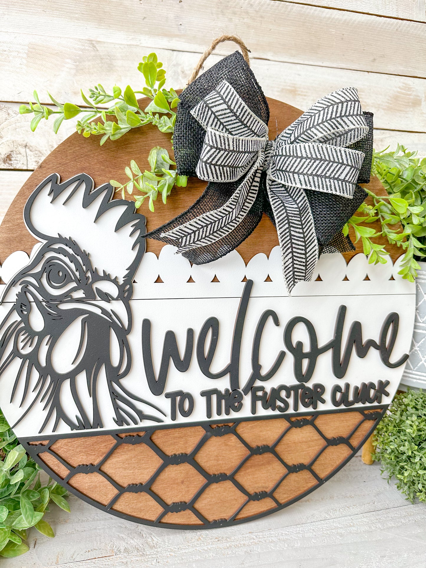Welcome to the Fuster Cluck 18" Round Door Hanger – Hand-Painted Laser Cut Funny Farmhouse Sign