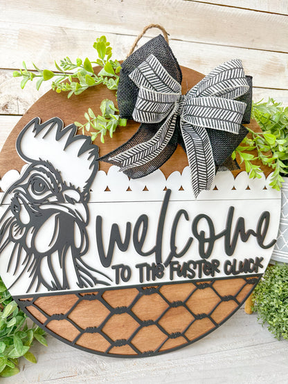 Welcome to the Fuster Cluck 18" Round Door Hanger – Hand-Painted Laser Cut Funny Farmhouse Sign