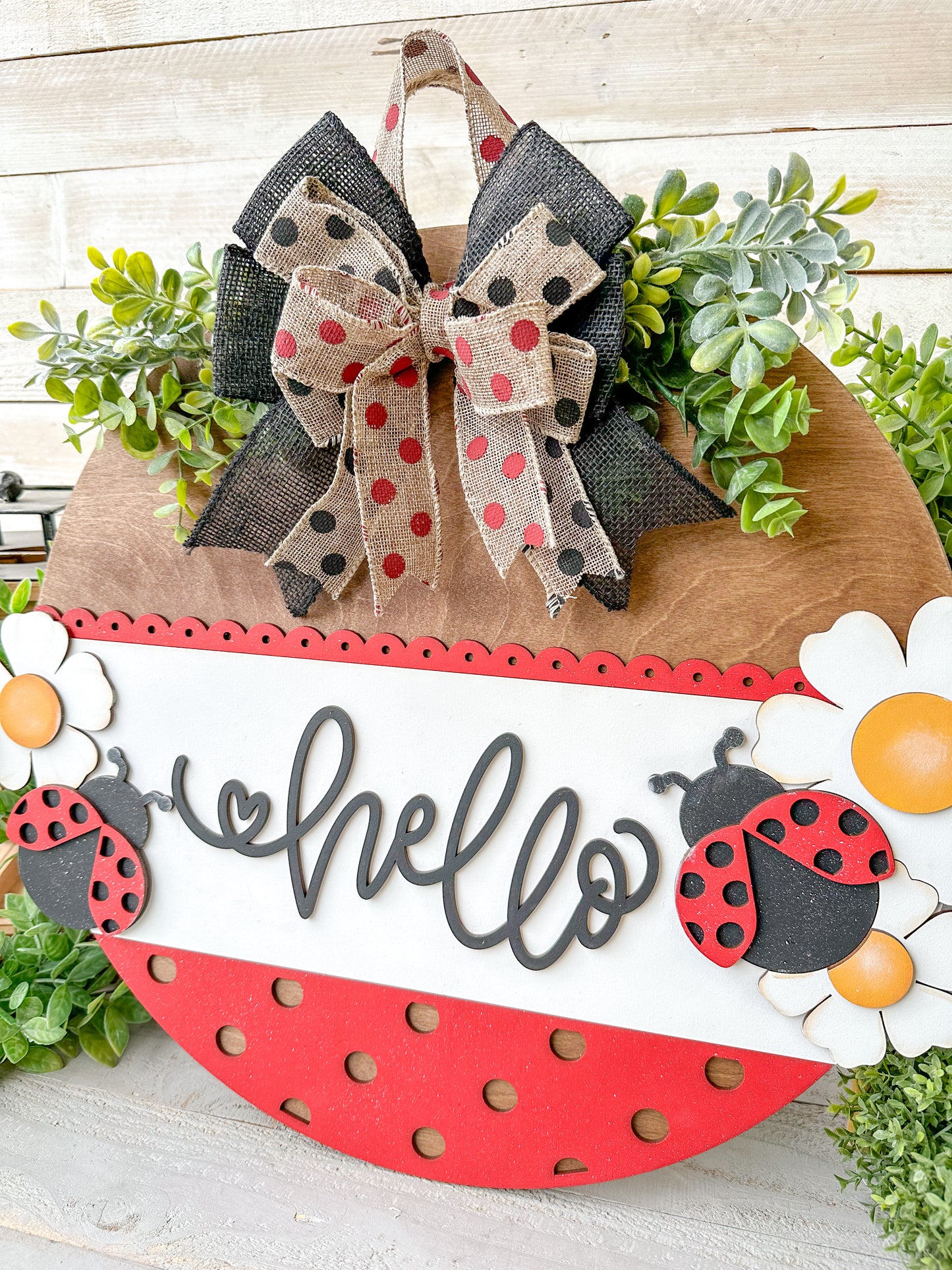 Hello Ladybug 18" Round Wood Door Hanger – Hand-Painted Laser Cut Spring & Summer Decor