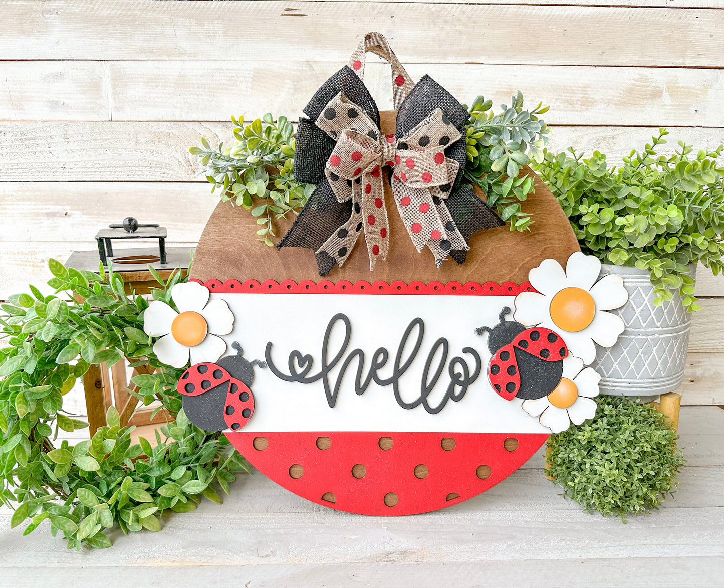 Hello Ladybug 18" Round Wood Door Hanger – Hand-Painted Laser Cut Spring & Summer Decor
