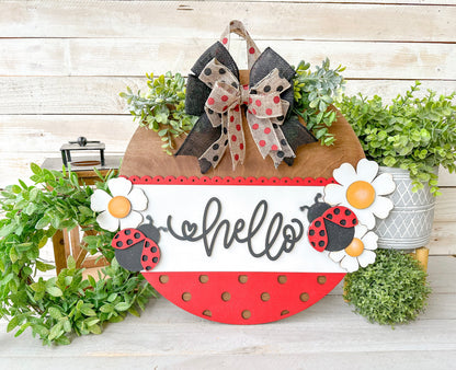 Hello Ladybug 18" Round Wood Door Hanger – Hand-Painted Laser Cut Spring & Summer Decor