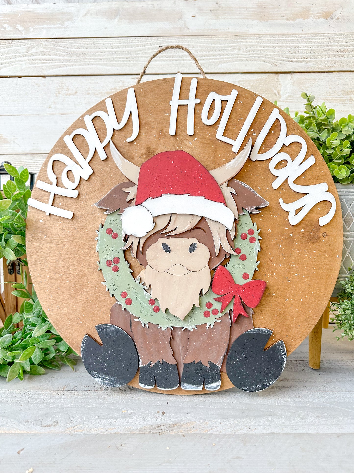 Highland Cow Happy Holiday Christmas Wood Round – 18” Holiday Door Hanger