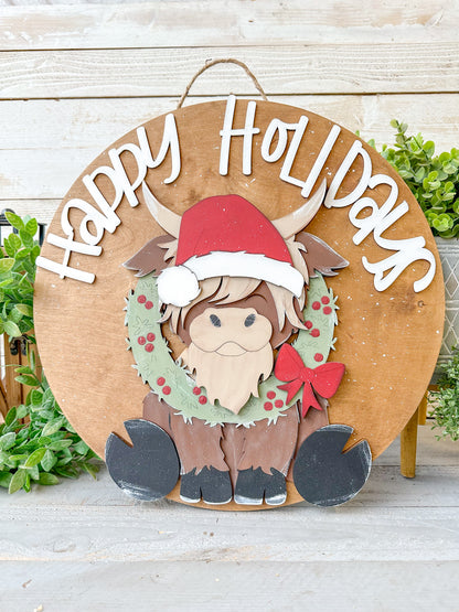 Highland Cow Happy Holiday Christmas Wood Round – 18” Holiday Door Hanger