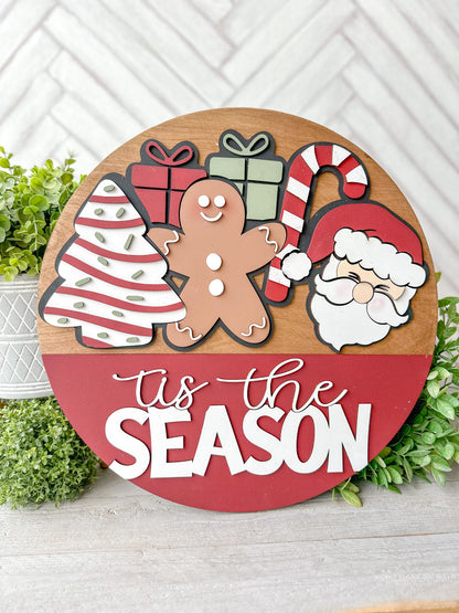 Tis the season Christmas wood door round