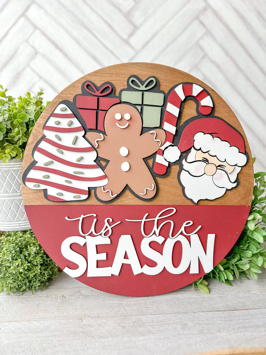 Tis the season Christmas wood door round