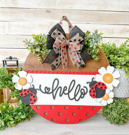 Hello Ladybug 18" Round Wood Door Hanger – Hand-Painted Laser Cut Spring & Summer Decor