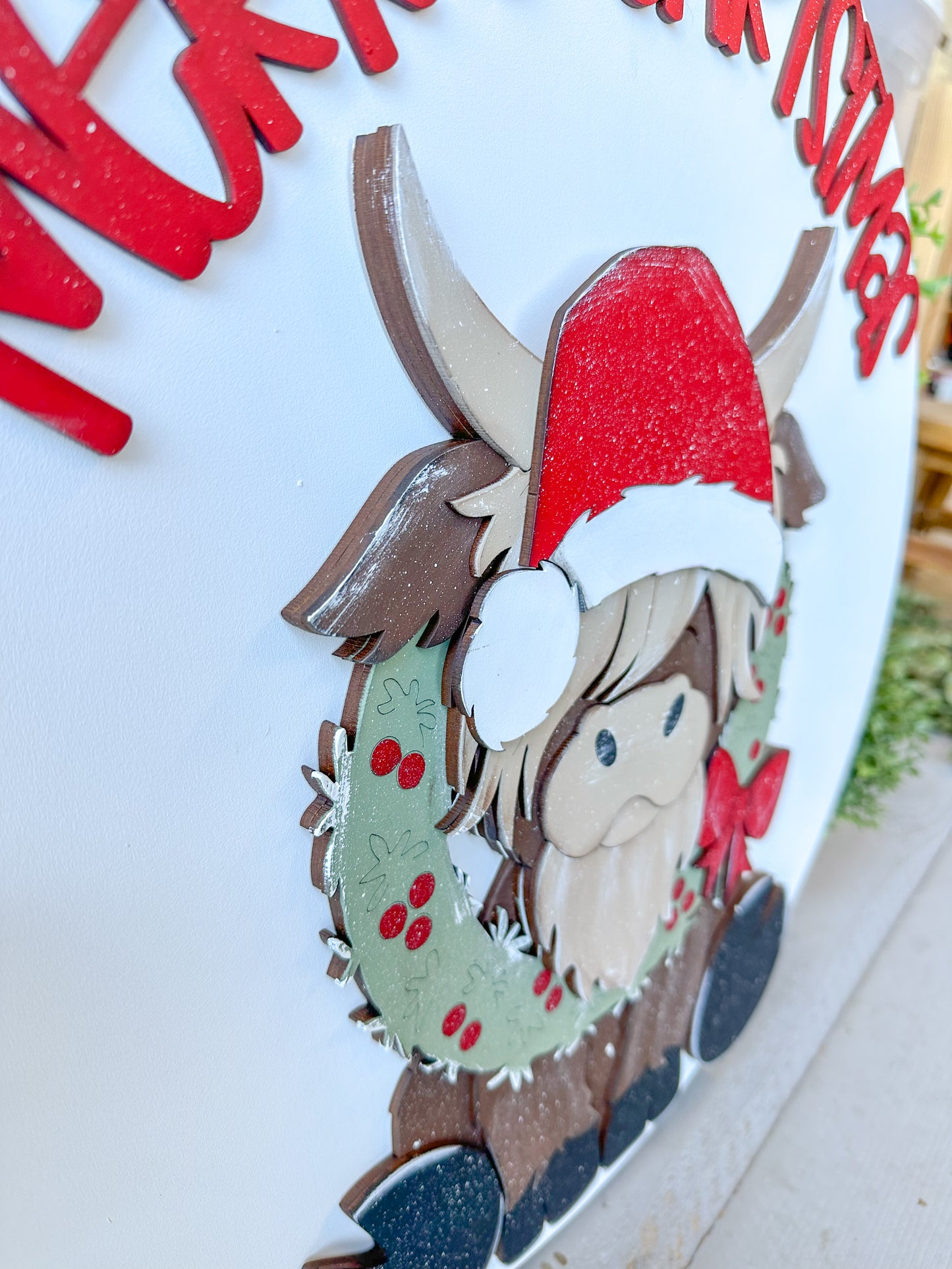 Merry Christmas Highland Cow Wood Round – 18” Festive Holiday Door Hanger