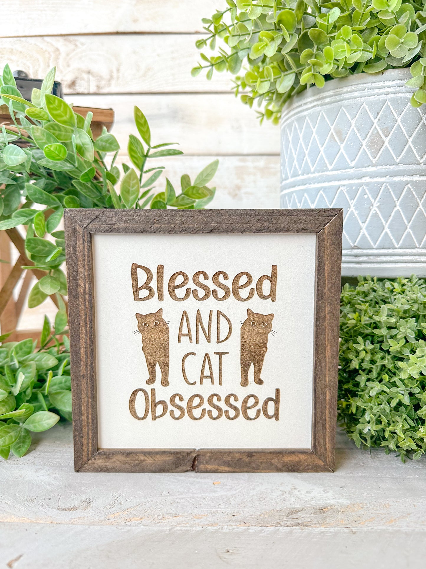 Blessed in cat obsessed. Laser engraved wood sign.