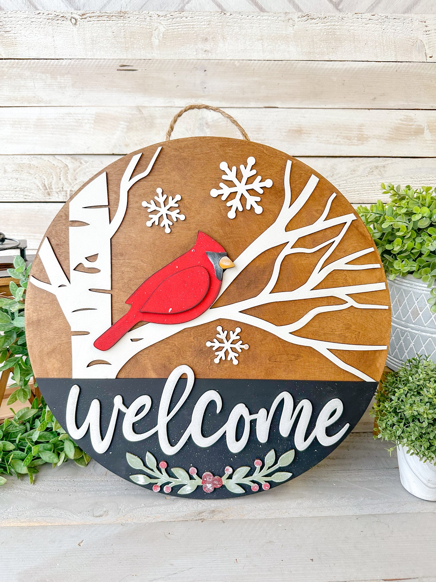 Cardinal Winter Welcome Sign - 18" Handcrafted Wood Round