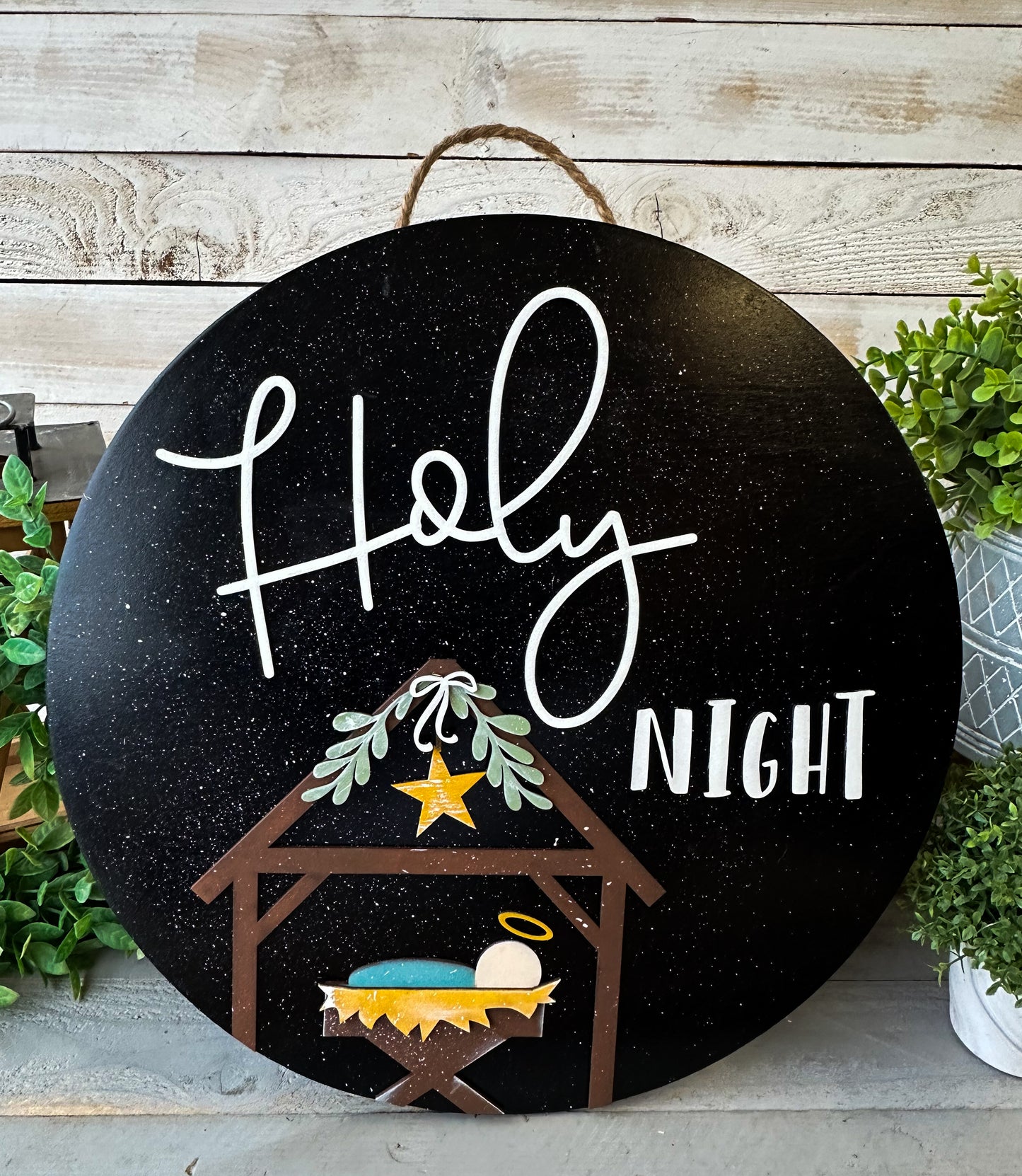 Holy Night Nativity Wood Round – Hand-Painted Christmas Door Sign