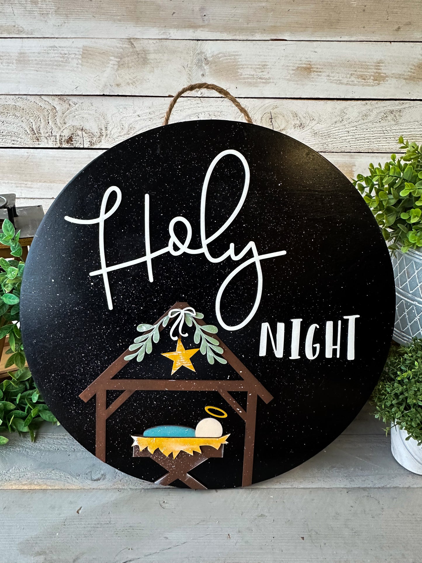 Holy Night Nativity Wood Round – Hand-Painted Christmas Door Sign