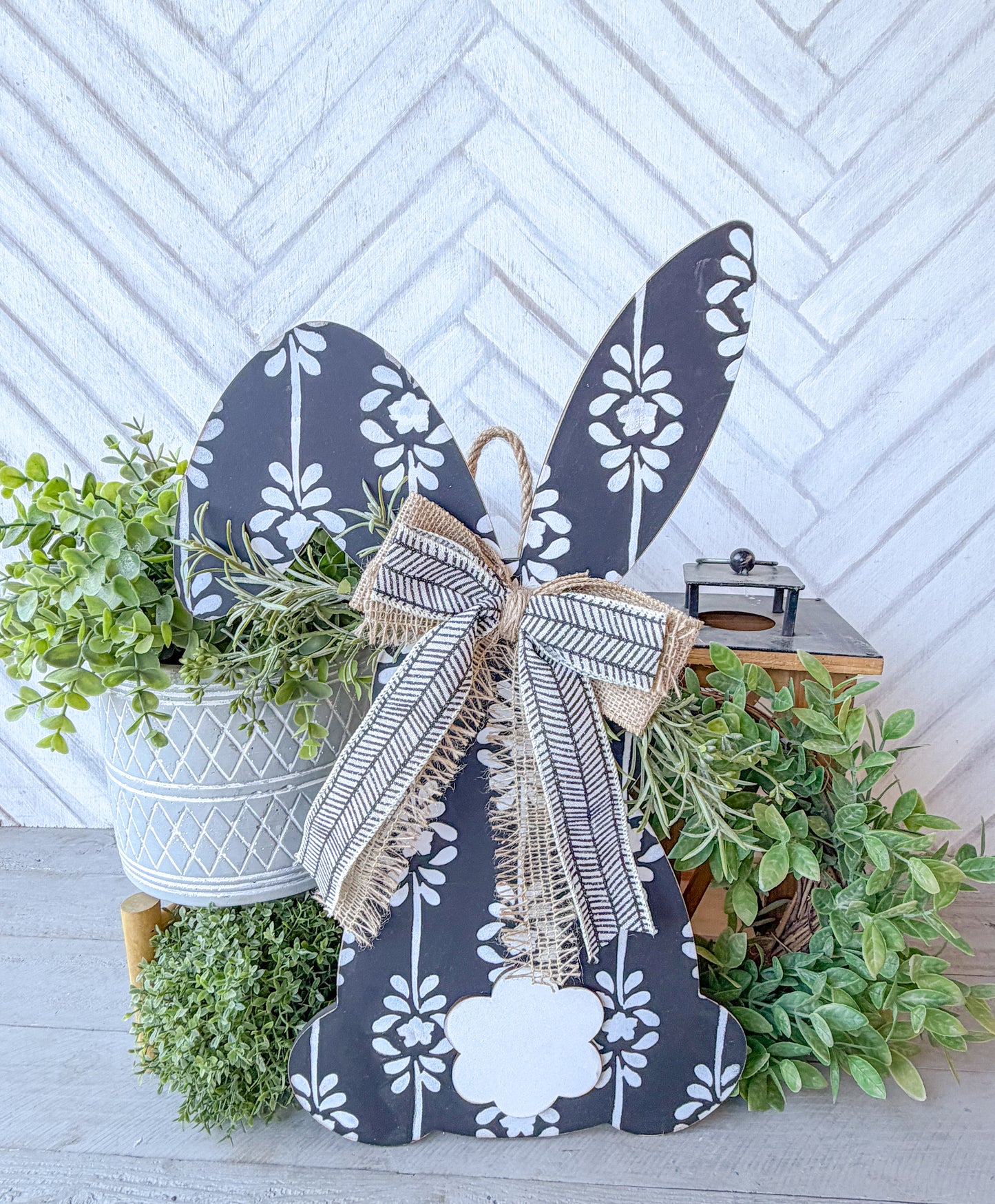 Bunny shaped floral 20-inch painted door hanger
