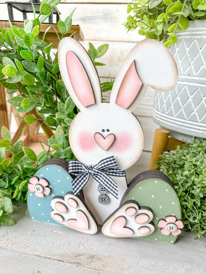 Easter Bunny Shelf Sitter – 3D Layered Spring Bunny Decor, Handcrafted Wood Bunny Sign
