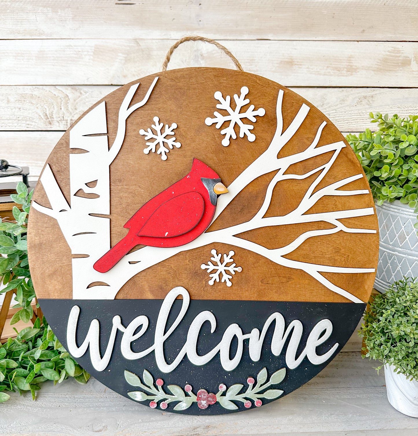 Cardinal Winter Welcome Sign - 18" Handcrafted Wood Round
