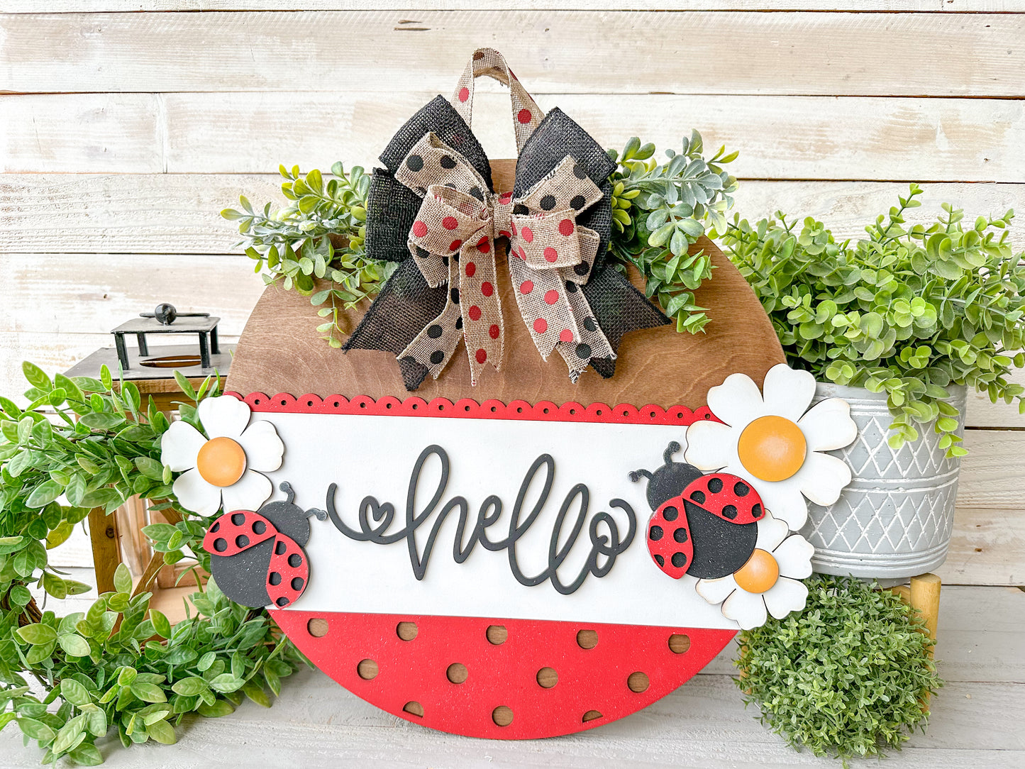 Hello Ladybug 18" Round Wood Door Hanger – Hand-Painted Laser Cut Spring & Summer Decor