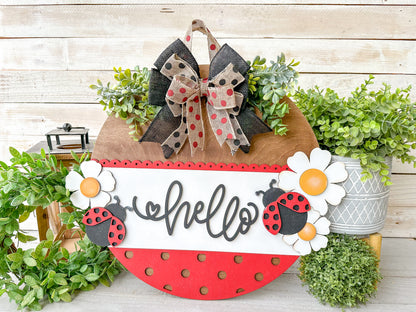 Hello Ladybug 18" Round Wood Door Hanger – Hand-Painted Laser Cut Spring & Summer Decor
