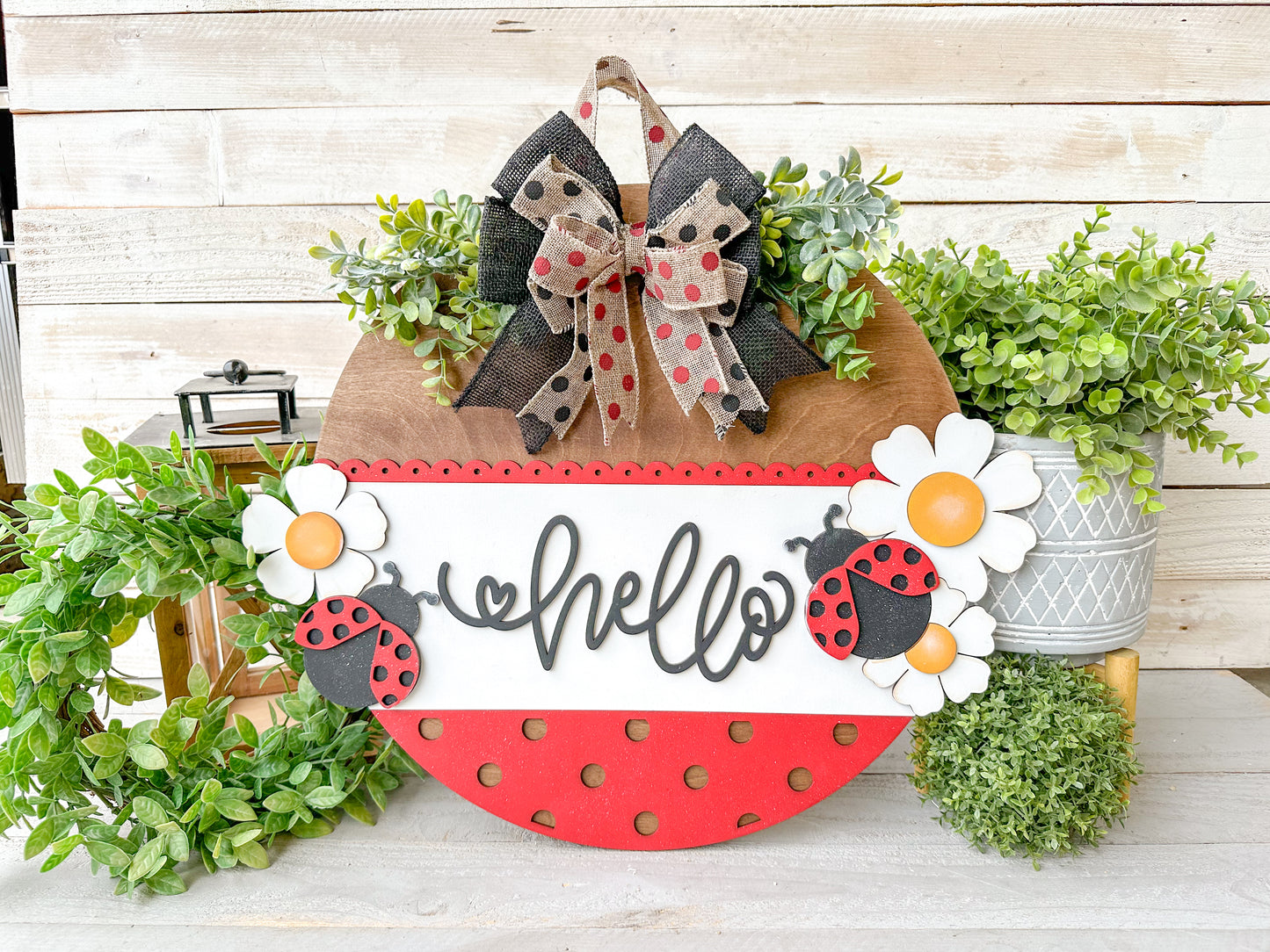 Hello Ladybug 18" Round Wood Door Hanger – Hand-Painted Laser Cut Spring & Summer Decor