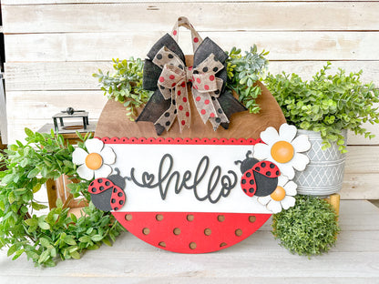 Hello Ladybug 18" Round Wood Door Hanger – Hand-Painted Laser Cut Spring & Summer Decor
