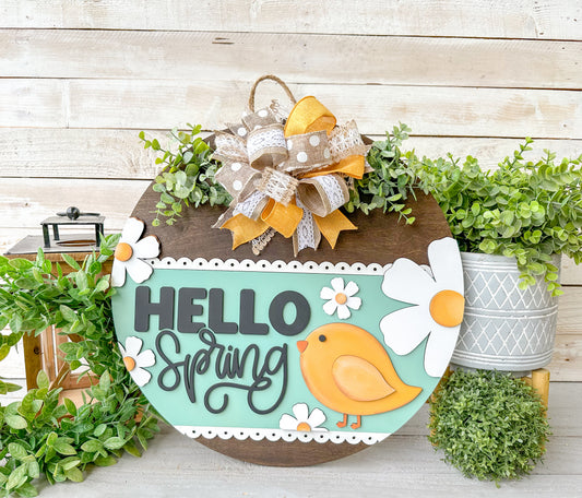 Hello spring chick wood round
