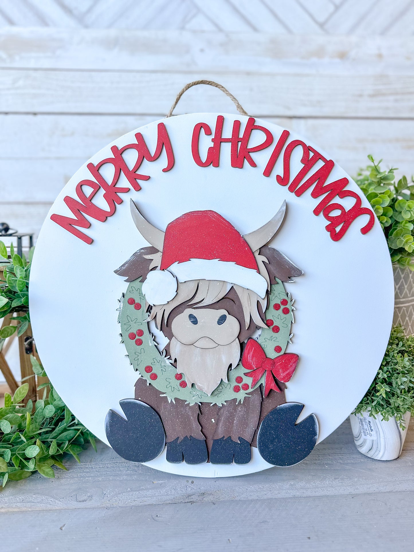 Merry Christmas Highland Cow Wood Round – 18” Festive Holiday Door Hanger