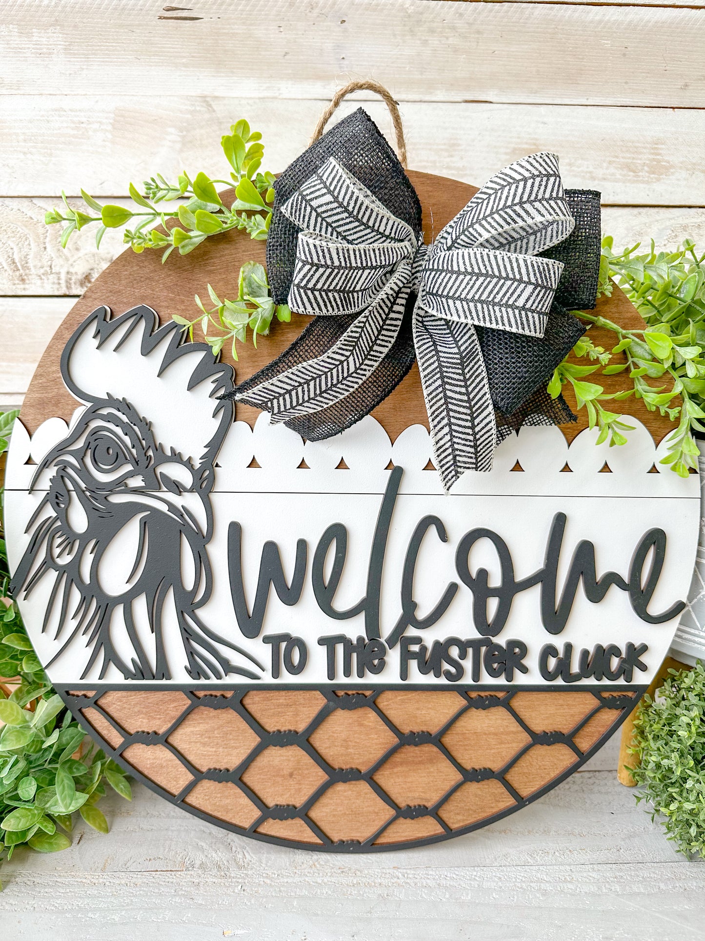 Welcome to the Fuster Cluck 18" Round Door Hanger – Hand-Painted Laser Cut Funny Farmhouse Sign