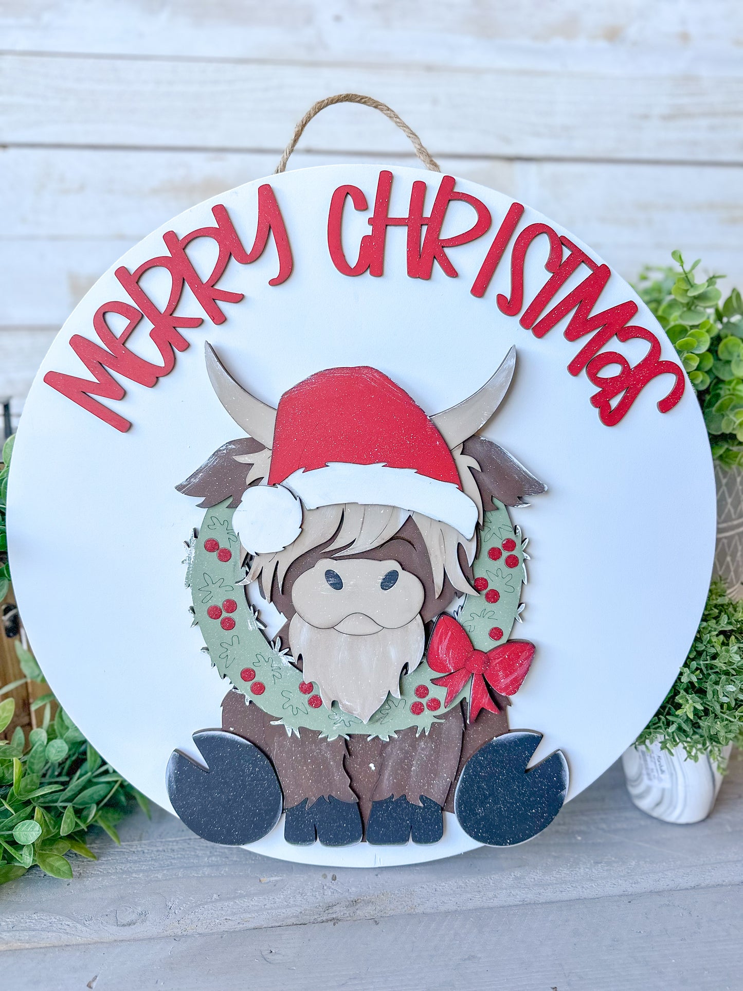Merry Christmas Highland Cow Wood Round – 18” Festive Holiday Door Hanger