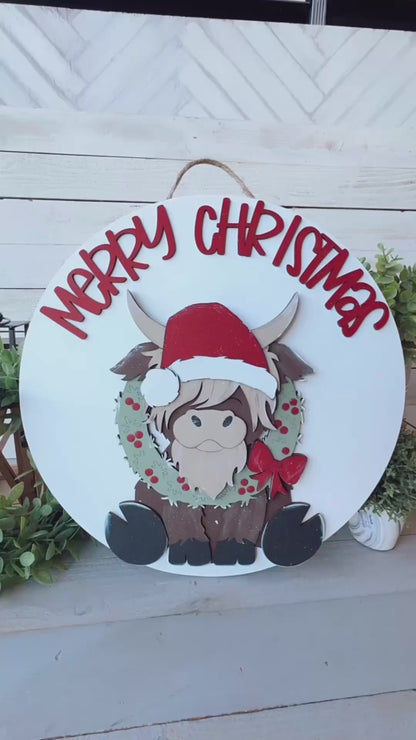 Merry Christmas Highland Cow Wood Round – 18” Festive Holiday Door Hanger