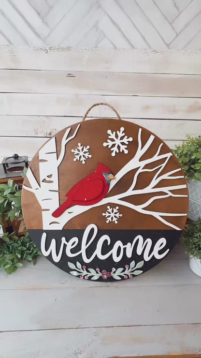 Cardinal Winter Welcome Sign - 18" Handcrafted Wood Round