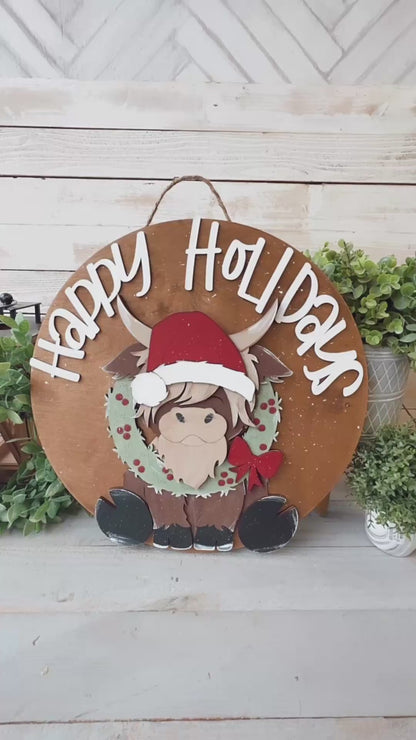 Highland Cow Happy Holiday Christmas Wood Round – 18” Holiday Door Hanger