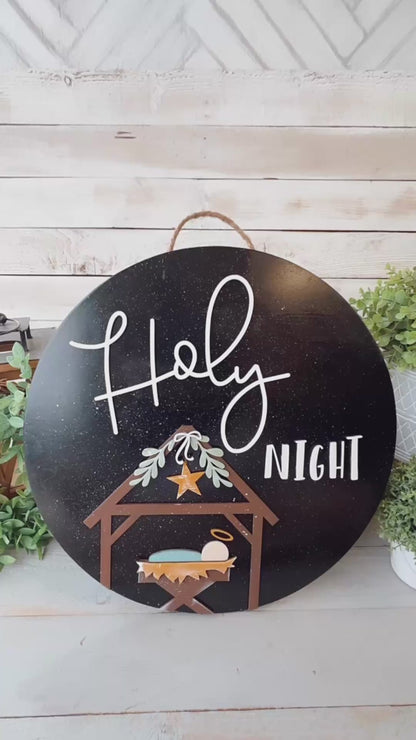 Holy Night Nativity Wood Round – Hand-Painted Christmas Door Sign